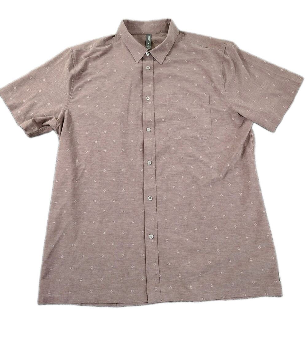 Vuori Short Sleeve Bridge Button Down Shirt Mens XL Raindrop Stone Micro-Dot EUC